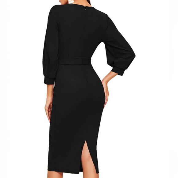 Women's Long-Sleeve Wrapped/Belted Bodycon Dress - Black- XL - Picture 2 of 11